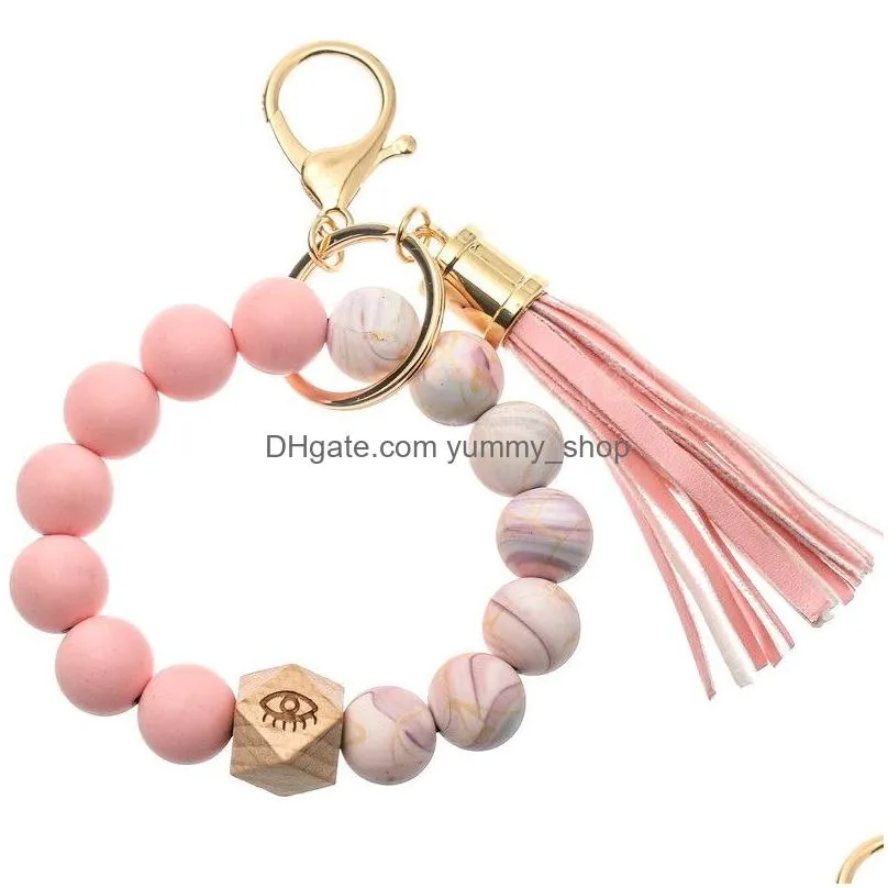 colorful silicone beaded bracelet keychain ladies girls tassel keyring jewelry accessories