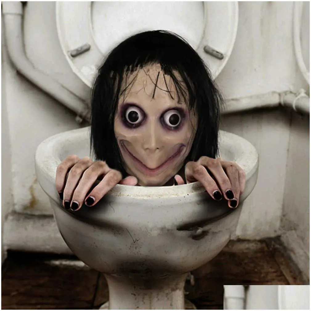 scary momo mask hacking game horror latex mask full head momo mask big eye with long wigs t200116