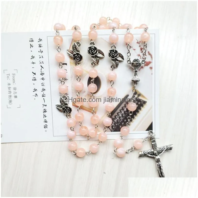 catholic cross rosary necklace vintage flower pink acrylic beads strand long necklace for men women