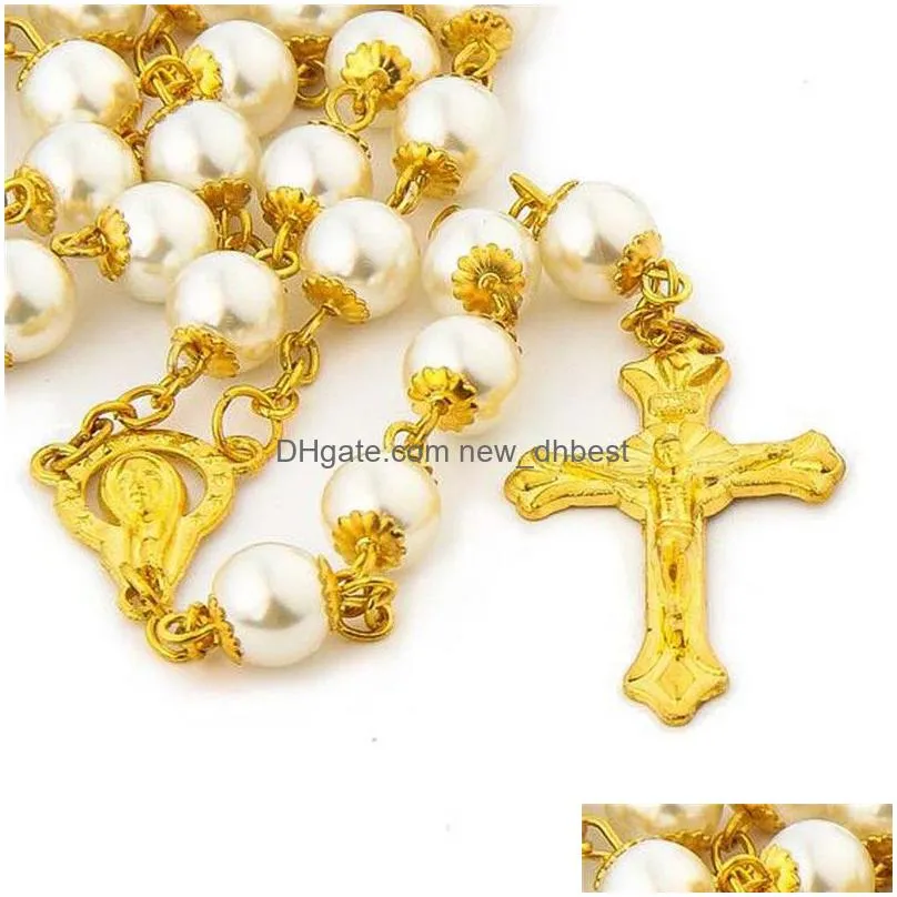 religious jewelry 8mm jesus christ white pearl catholic cross rosary necklace