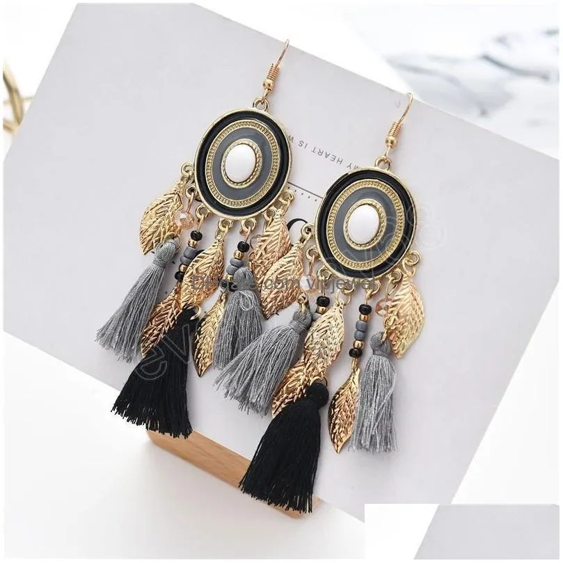 vintage ethnic long tassels earrings for women boho gold color leaf drop exaggerated dangle earring female party jewelry