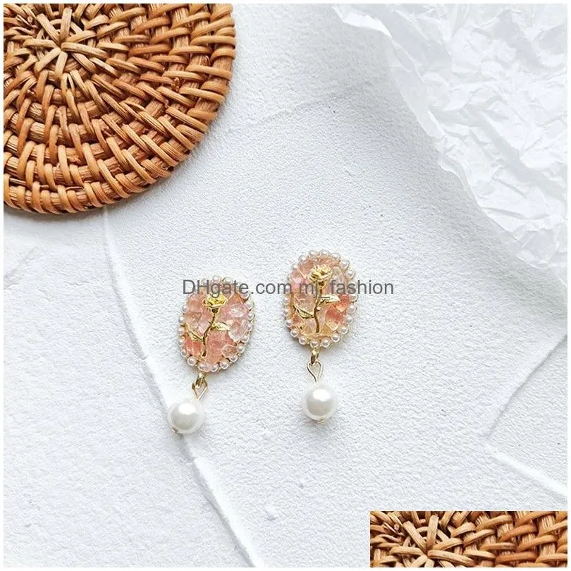 gravel rose flower earring for women elegant pearl earring jewelry summer accessories wholesale pendientes