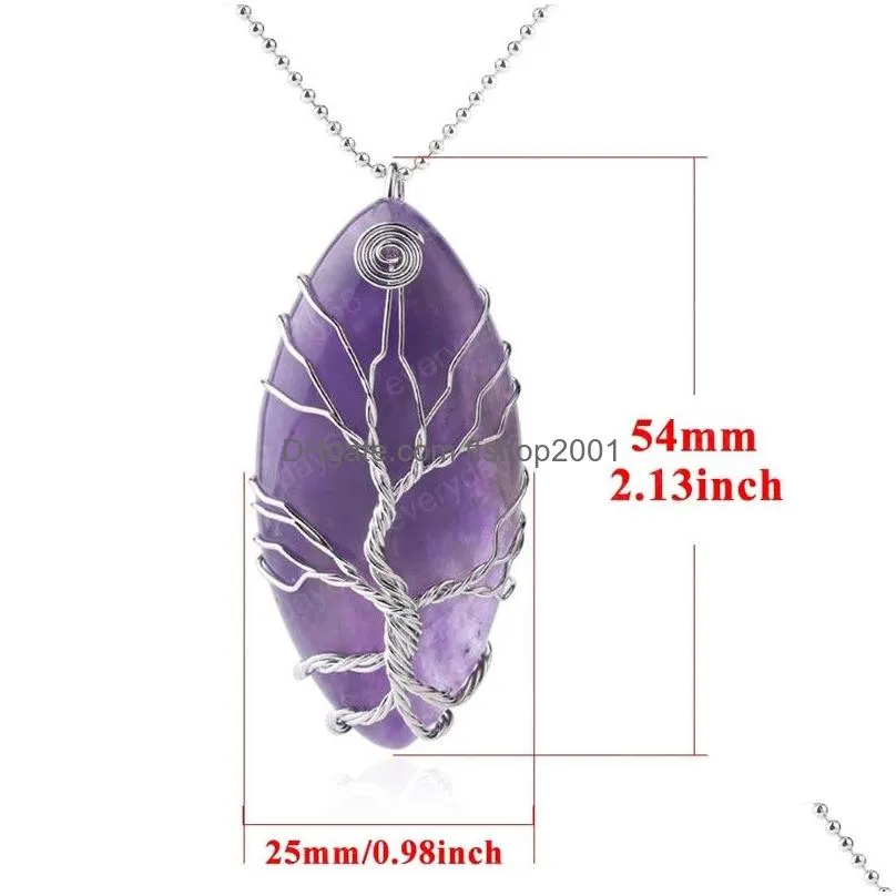 natural stone marquise shape necklace pendant purple crystal lava quartz silver color wire wrap tree women men jewelry