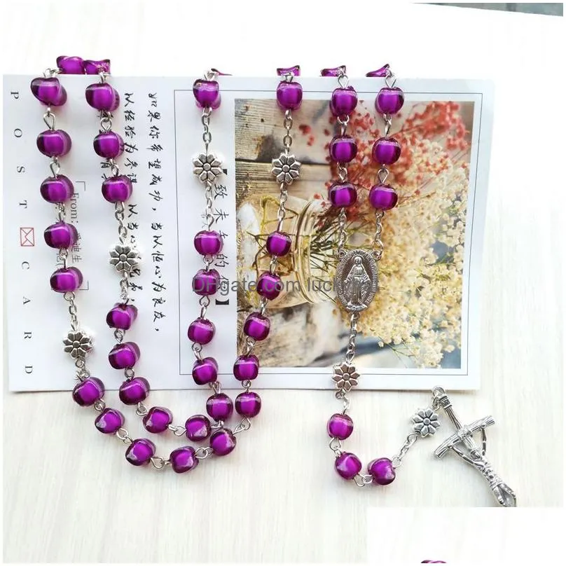 vintage jesus cross rosary necklace purple acrylic long necklace for women religious jewelry