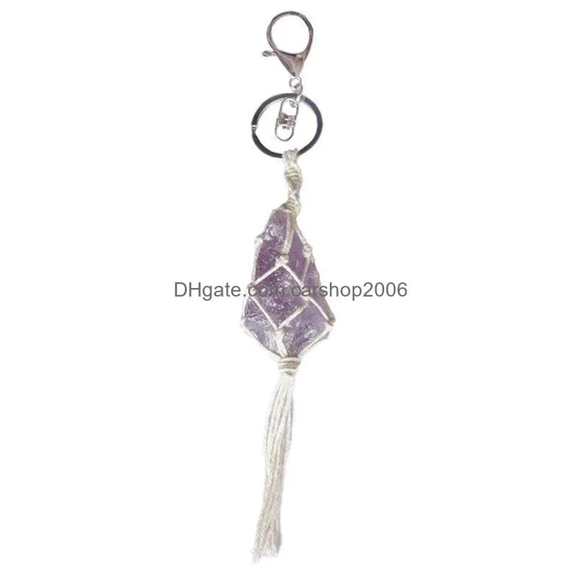 natural crystal quartz pendants healing point chakra bead gemstone keyring women men pendant original stone style jewelry key chain