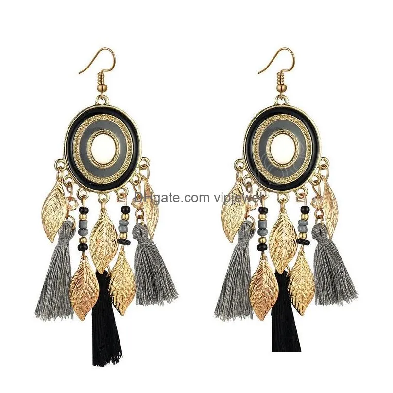 vintage ethnic long tassels earrings for women boho gold color leaf drop exaggerated dangle earring female party jewelry