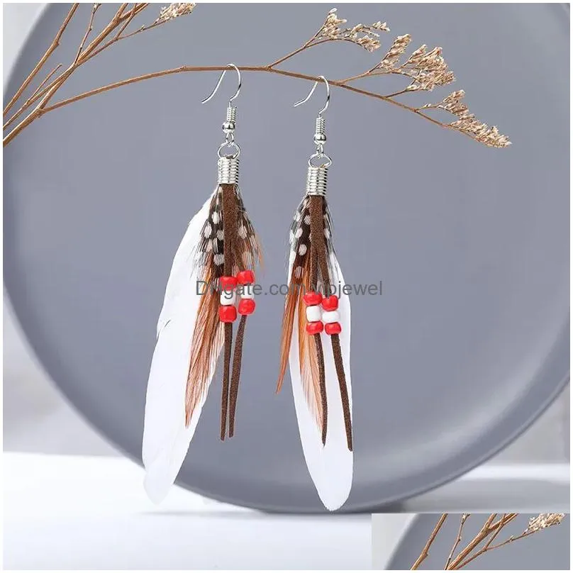 bohemian tassel charm earrings rice beads feather earrings womens fashion accessories