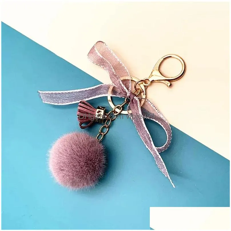 soft pom fluffy plush charm ball tassel keychains colorful faux fur fluffy keychain for women