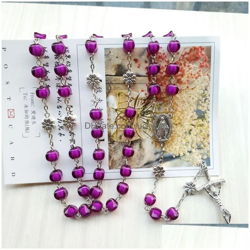vintage jesus cross rosary necklace purple acrylic long necklace for women religious jewelry
