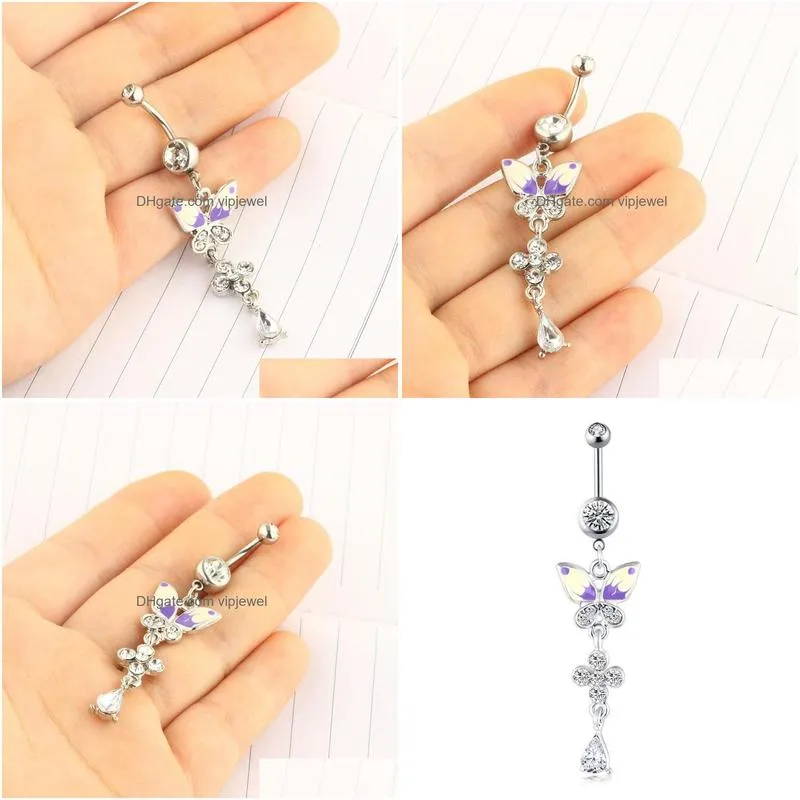 butterfly dangle crystal navel button rings stainless steel belly ring ear barbell body jewelry piercing nombril