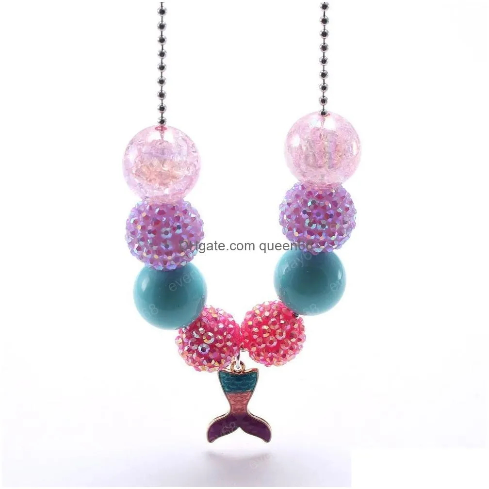 cute kids girl chunky beads necklace with mermaid tail pendants fashion long chain necklace chunky jewelry