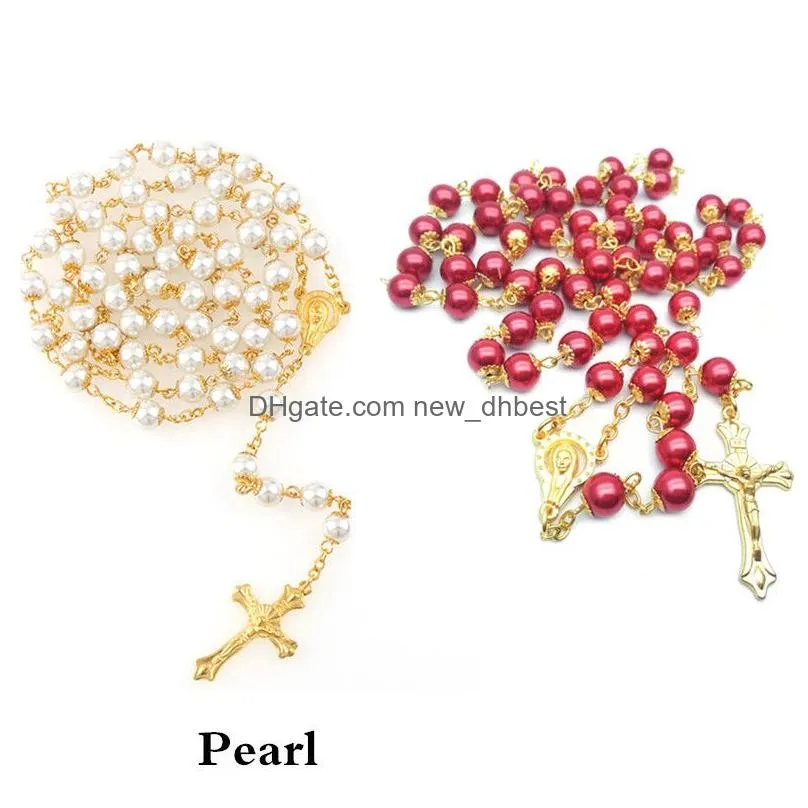 religious jewelry 8mm jesus christ white pearl catholic cross rosary necklace