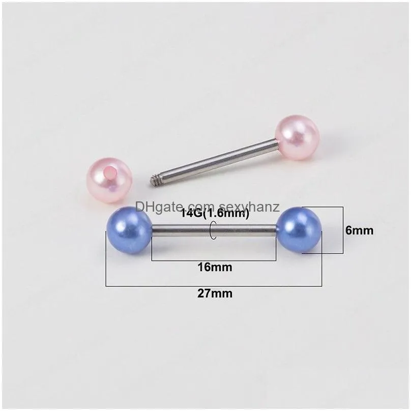 colorful pearl tongue piercing ring barbell stud nipple rings ear cartilage tragus bar stainless steel body jewelry