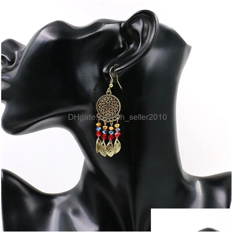 womens vintage earrings bohemian ethnic round flower accessories alloy leaves rice beads tassel earrings danglers brincos