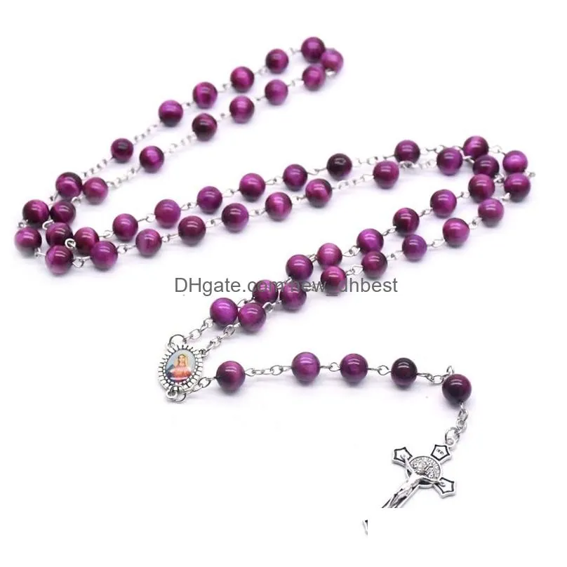 purple stone cross rosary necklace holy mother beaded strand neckalce christ prayer jewelry gift
