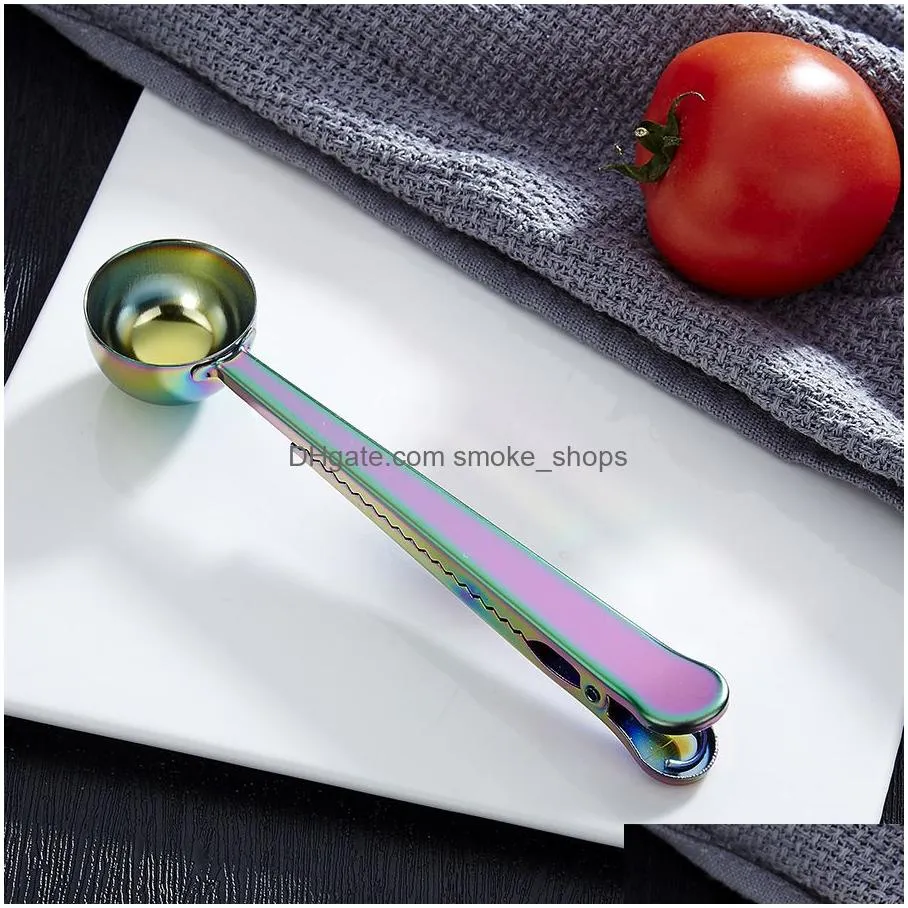 2in1 coffee scoop clip stainless steel spoon sealing clips kitchen craft long handle spoons bag clip for milk powder oatmeal tea spices