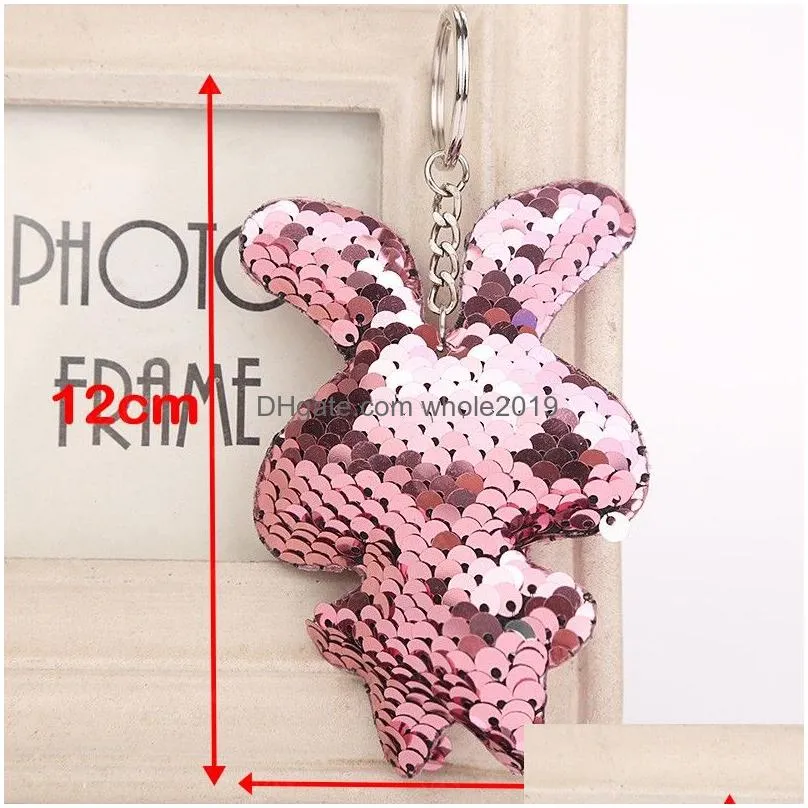 cute rabbit keychain glitter pompom sequins key chain gifts for women car bag accessories key ring