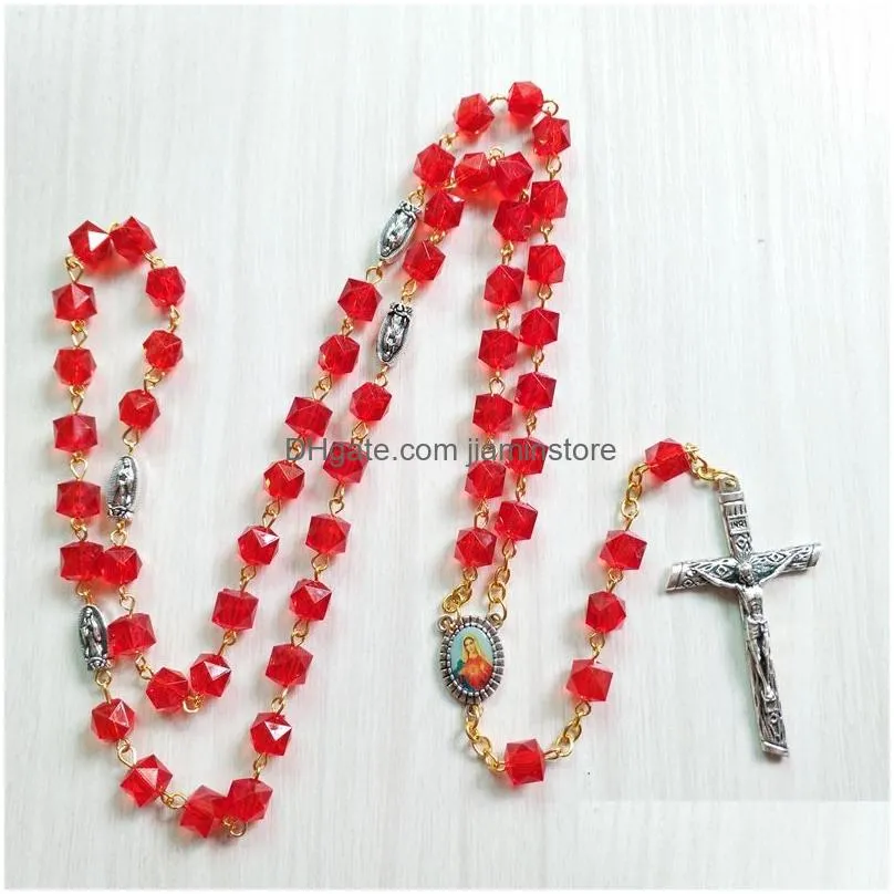 red acrylic beads strand necklace vintage cross rosary necklace for men women religious jewelry gifts