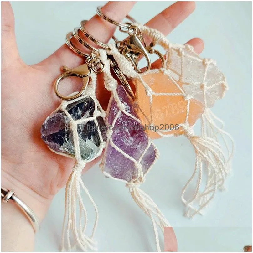 natural crystal quartz pendants healing point chakra bead gemstone keyring women men pendant original stone style jewelry key chain