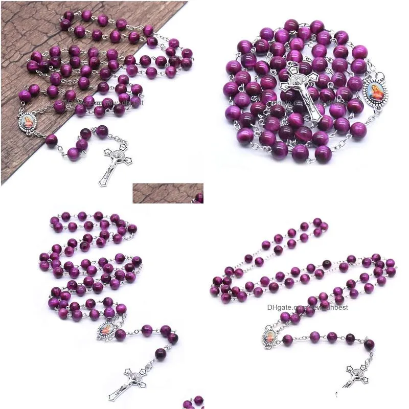 purple stone cross rosary necklace holy mother beaded strand neckalce christ prayer jewelry gift