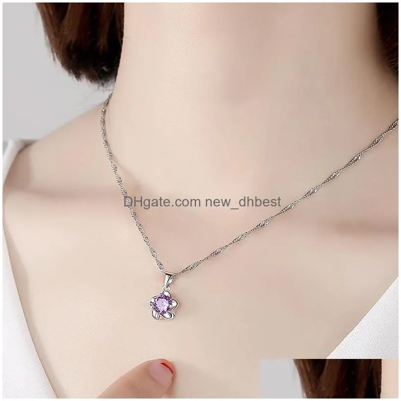 925 sterling silver woman fashion jewelry high quality crystal zircon plum blossom flower pendant necklace length 45cm
