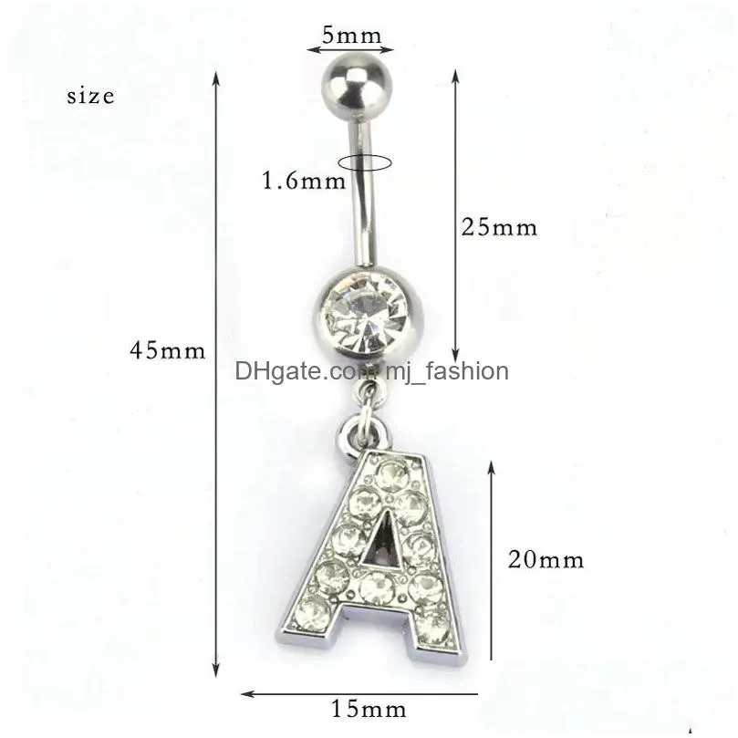 bell button rings 26 letter a to m charming body piercing crystal rhinestone inlaid navel belly button ring stainless steel jewelry