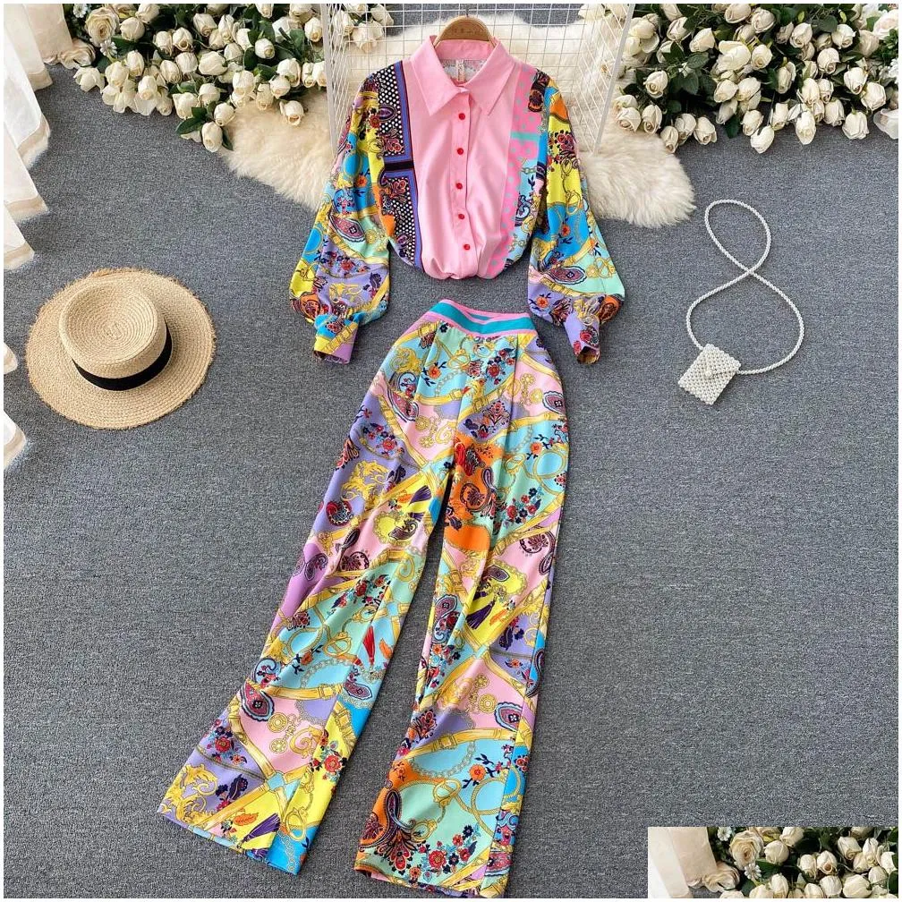 french retro highend printing elegant womens two piece pants temperament loose shirt high waist wide leg trousers western style twopiece fashion suit