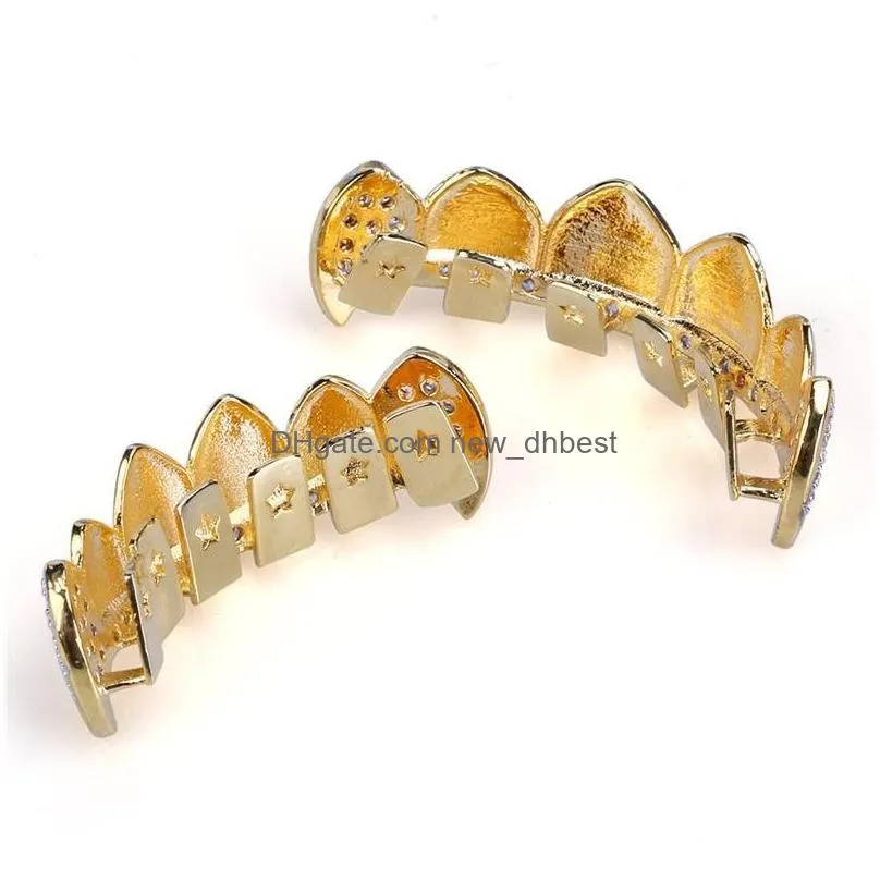 hip hop smooth bling cz teeth grillz set for mens top bottom faux dental tooth grills women hiphop body jewelry gift