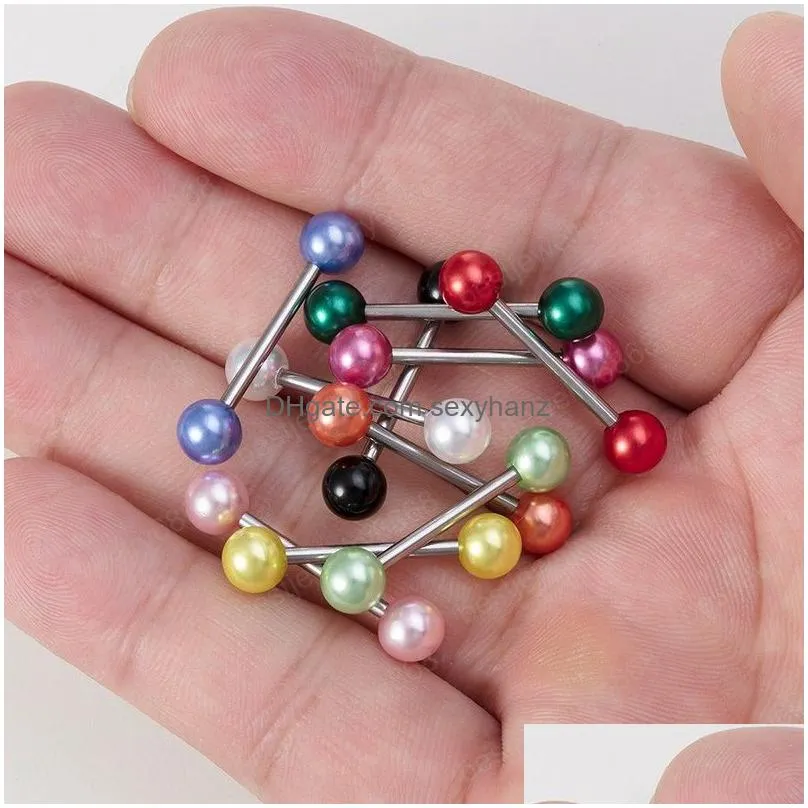 colorful pearl tongue piercing ring barbell stud nipple rings ear cartilage tragus bar stainless steel body jewelry