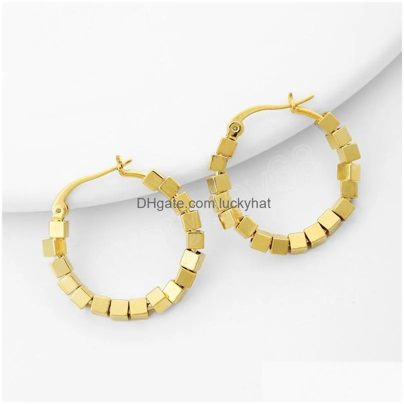 18k genuine gold plated geometric square bead huggie hoop earrings for women vintage gold color copper earrings jewelry