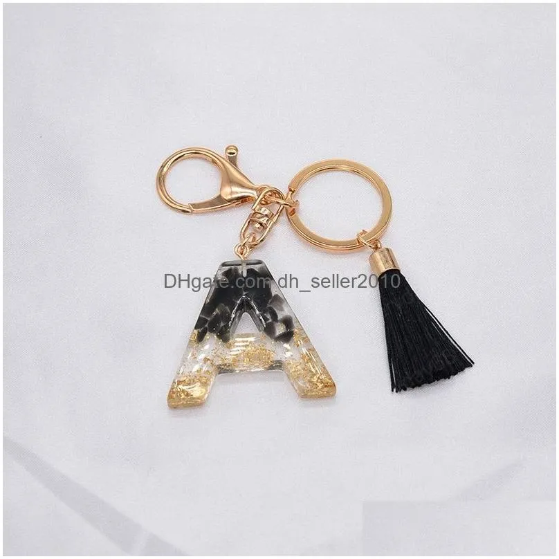 letter keychain black tassel gold foil resin key chain car pendant key holder handbag charms acrylic key ring jewelry accessory