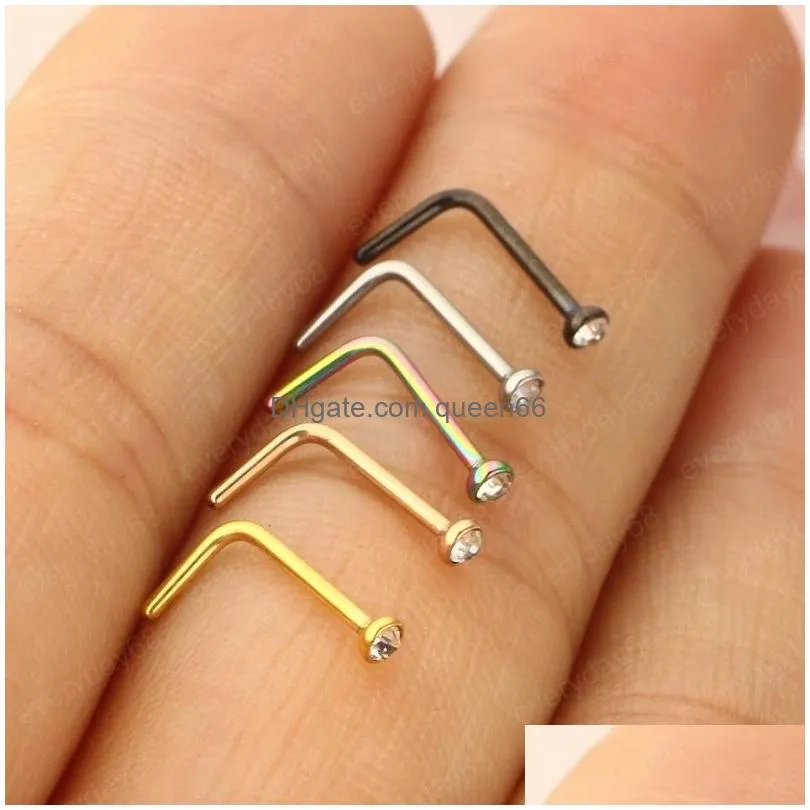 stainless steel stud ring cz l shape body piercing for womens mens straight crystal nose pin india wholesales