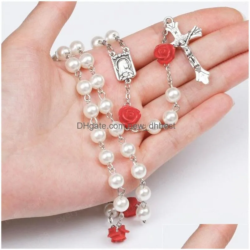 4 colors pink rose rosary madonna jesus cross necklace pendants pearl necklace fashion jewelry