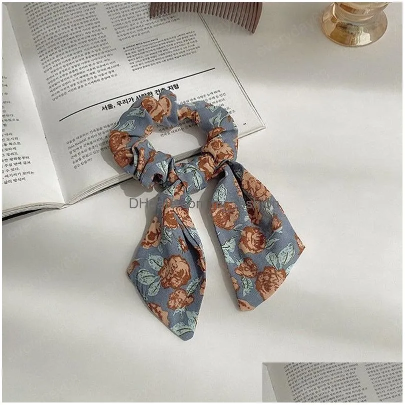floral print scrunchies elastic hair bands vintage bow knotted hair rope diy ponytail hoder hair tie accessories