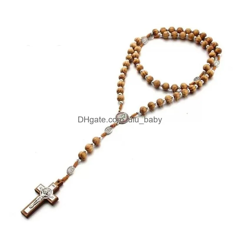 natural pine cross pendant necklace catholic rosary christian religious jesus necklace handwoven jewelry