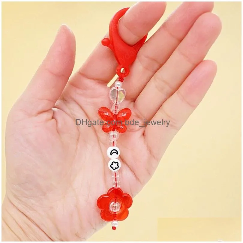butterfly flower keychain trendy acrylic bead lanyards keyring mobile phone chains for women car keys bag decor pendant
