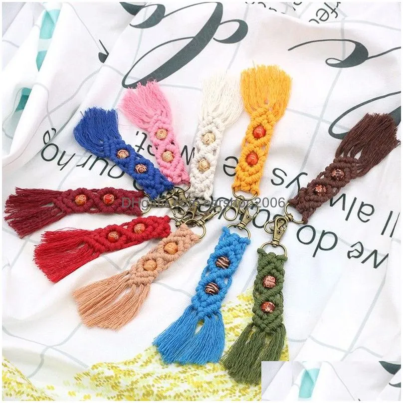 braided cotton rope keychains bohemia style wooden beads woven key chains women girls hanging pendant keyrings accessories