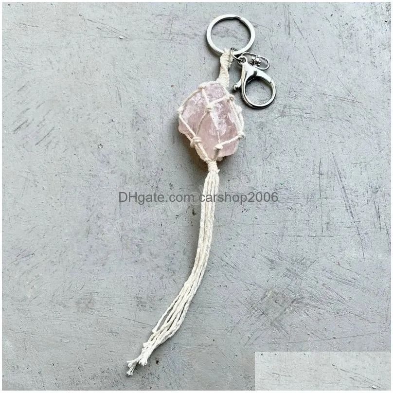 natural crystal quartz pendants healing point chakra bead gemstone keyring women men pendant original stone style jewelry key chain