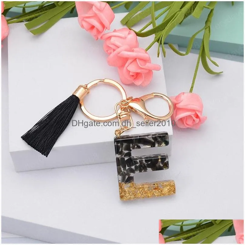 letter keychain black tassel gold foil resin key chain car pendant key holder handbag charms acrylic key ring jewelry accessory