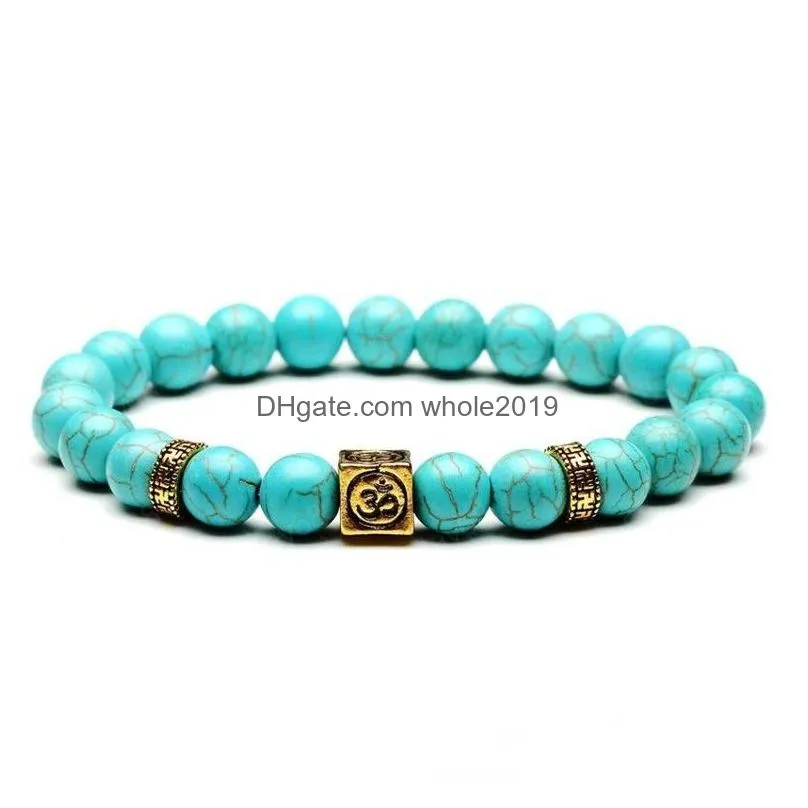 8mm yoga beaded strands bracelet gemstone turquoise beads ancient silver gold box natural stone bracelets for women men fashion