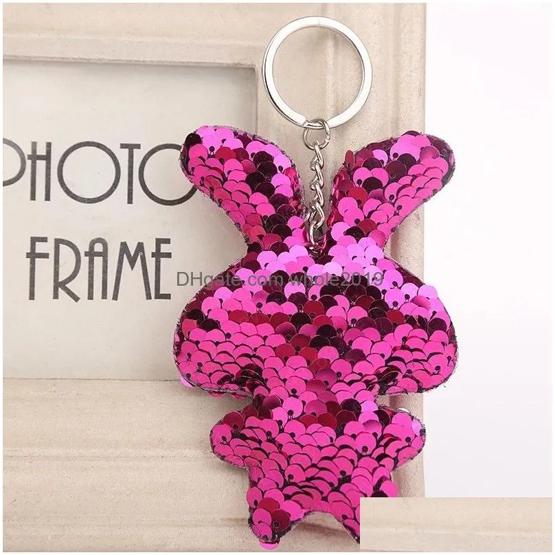 cute rabbit keychain glitter pompom sequins key chain gifts for women car bag accessories key ring