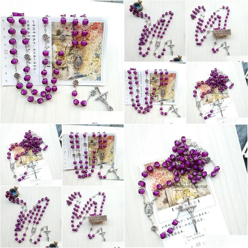 vintage jesus cross rosary necklace purple acrylic long necklace for women religious jewelry