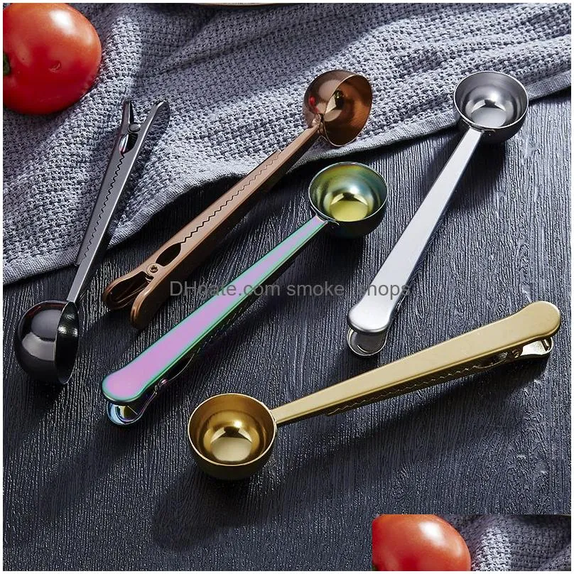 2in1 coffee scoop clip stainless steel spoon sealing clips kitchen craft long handle spoons bag clip for milk powder oatmeal tea spices