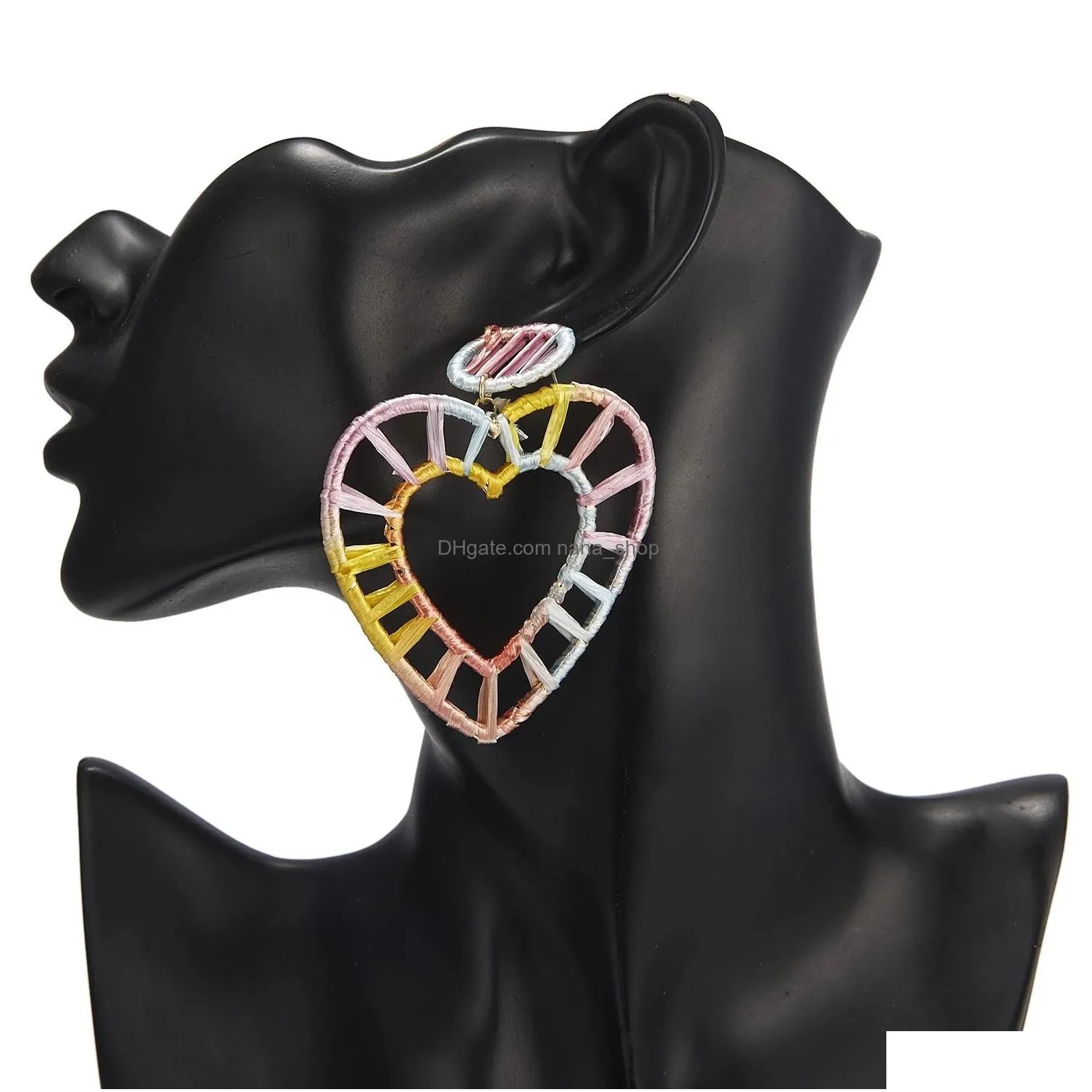 hot fashion jewelry rainbow colorful raffia earring big hollow heart straw statement earrings for women bohemian jewelry bijoux
