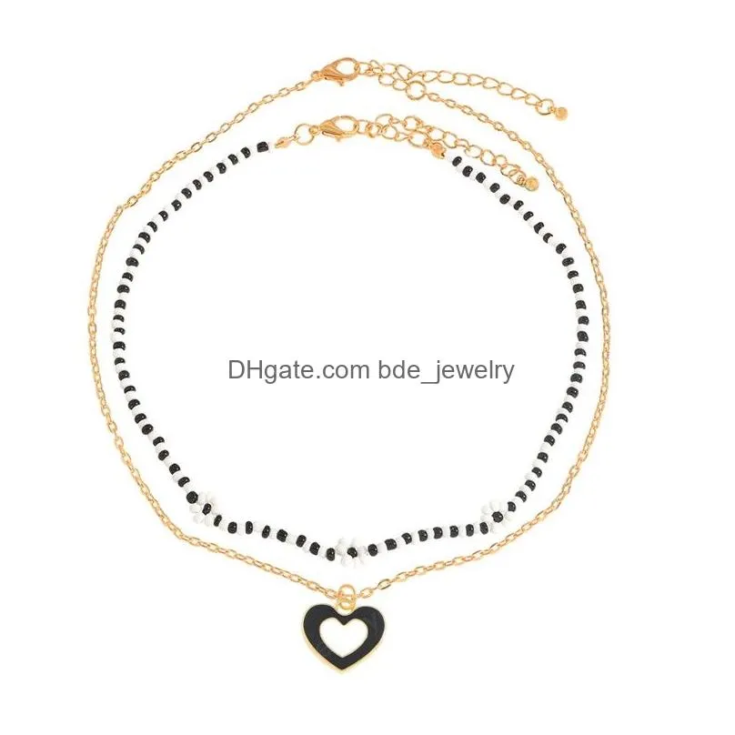 2pcs/set love heart pendant necklace boho little daisy flower beaded clavicle necklace for women bohemia jewelry