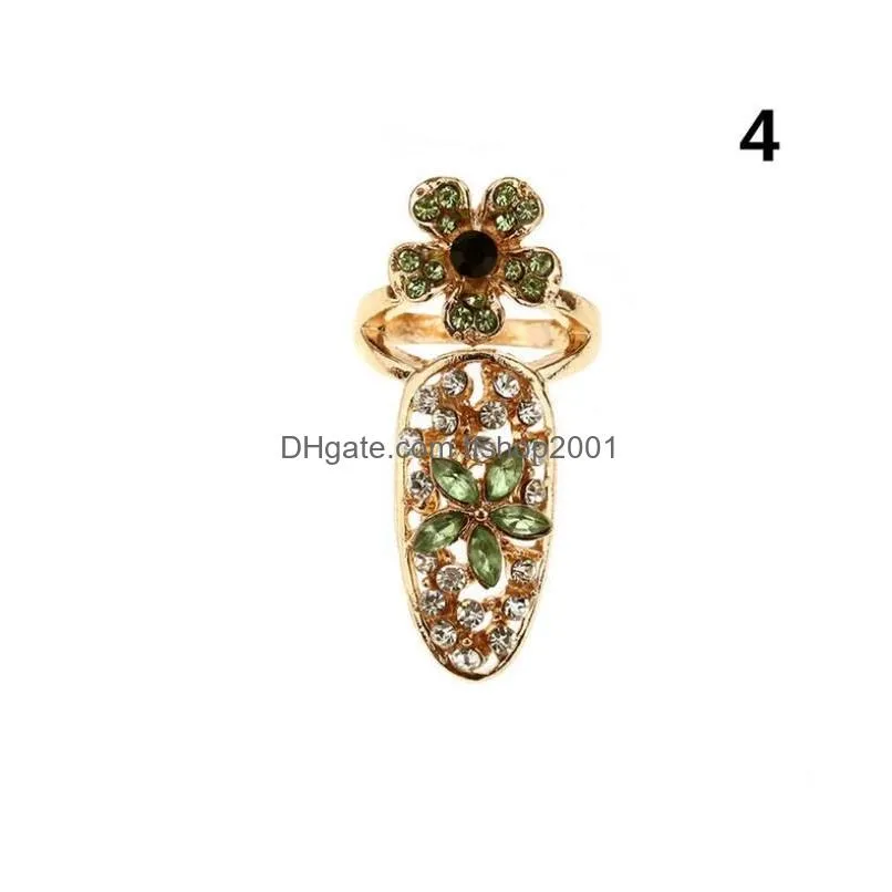 fashion rhinestone cute bowknot finger nail ring charm crown flower crystal female personality nail art rings resizable knuckle party