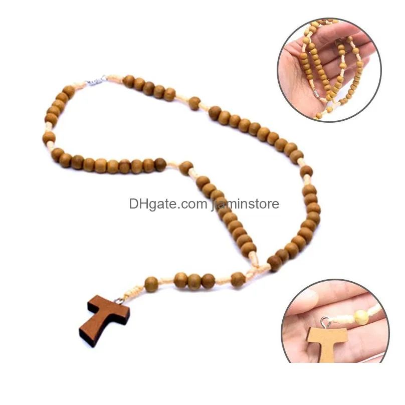 fashion religious accessories handwoven cross pray wooden rosary necklace