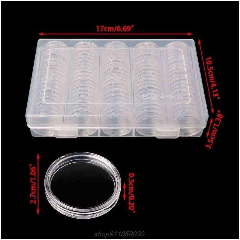 100 coin holder capsules 27mm round box plastic collectibles storage organizer m19 21 dropship 211112