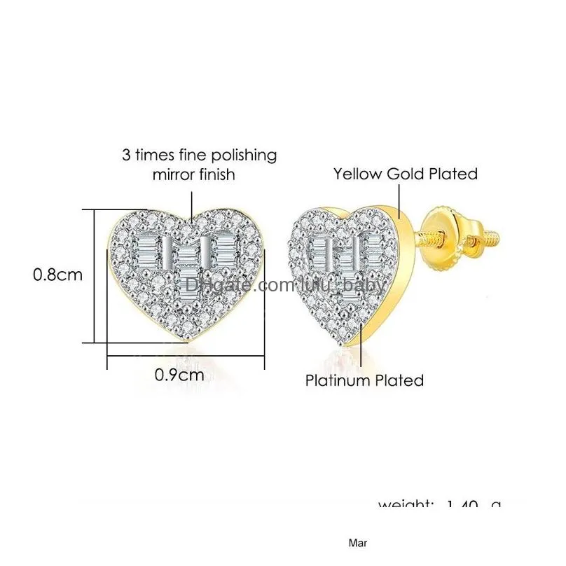 men women fashion yellow white gold plated bling cz heart studs earrings jewelry nice gift for friends