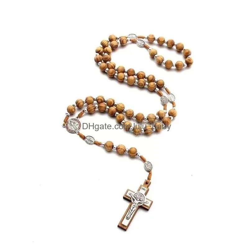 natural pine cross pendant necklace catholic rosary christian religious jesus necklace handwoven jewelry